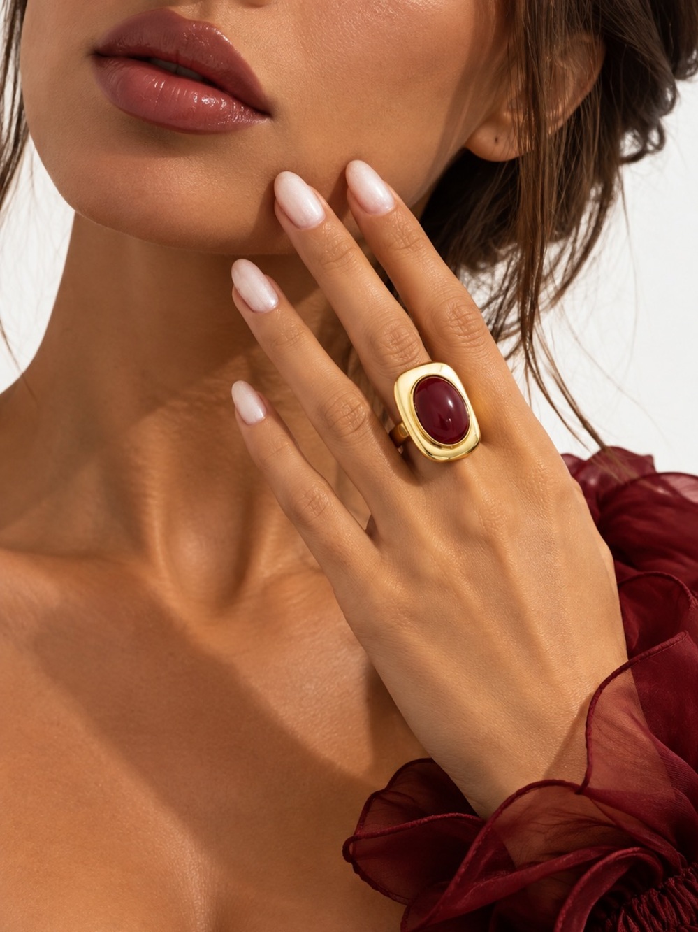 Gold Statement Ring with Burgundy Cabochon